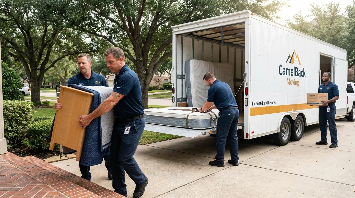 Crew loading residential truck for cross-state move from Bogata, TX