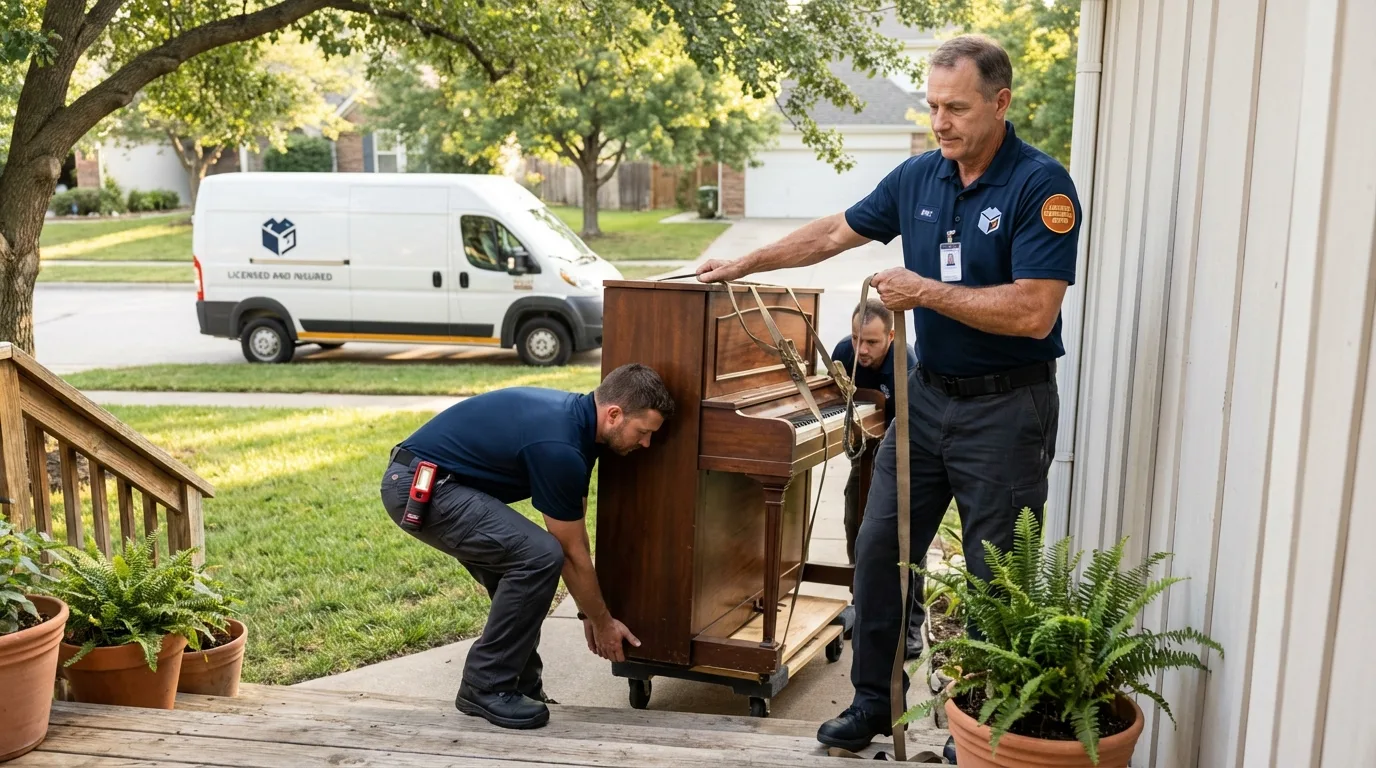 Licensed piano movers securing grand piano in Bogata, TX