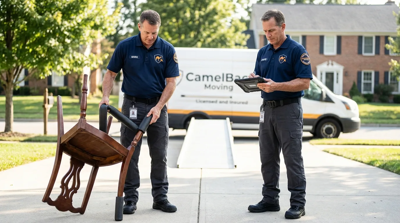 Movers inspecting furniture for damage prevention before loading in Bogata, TX