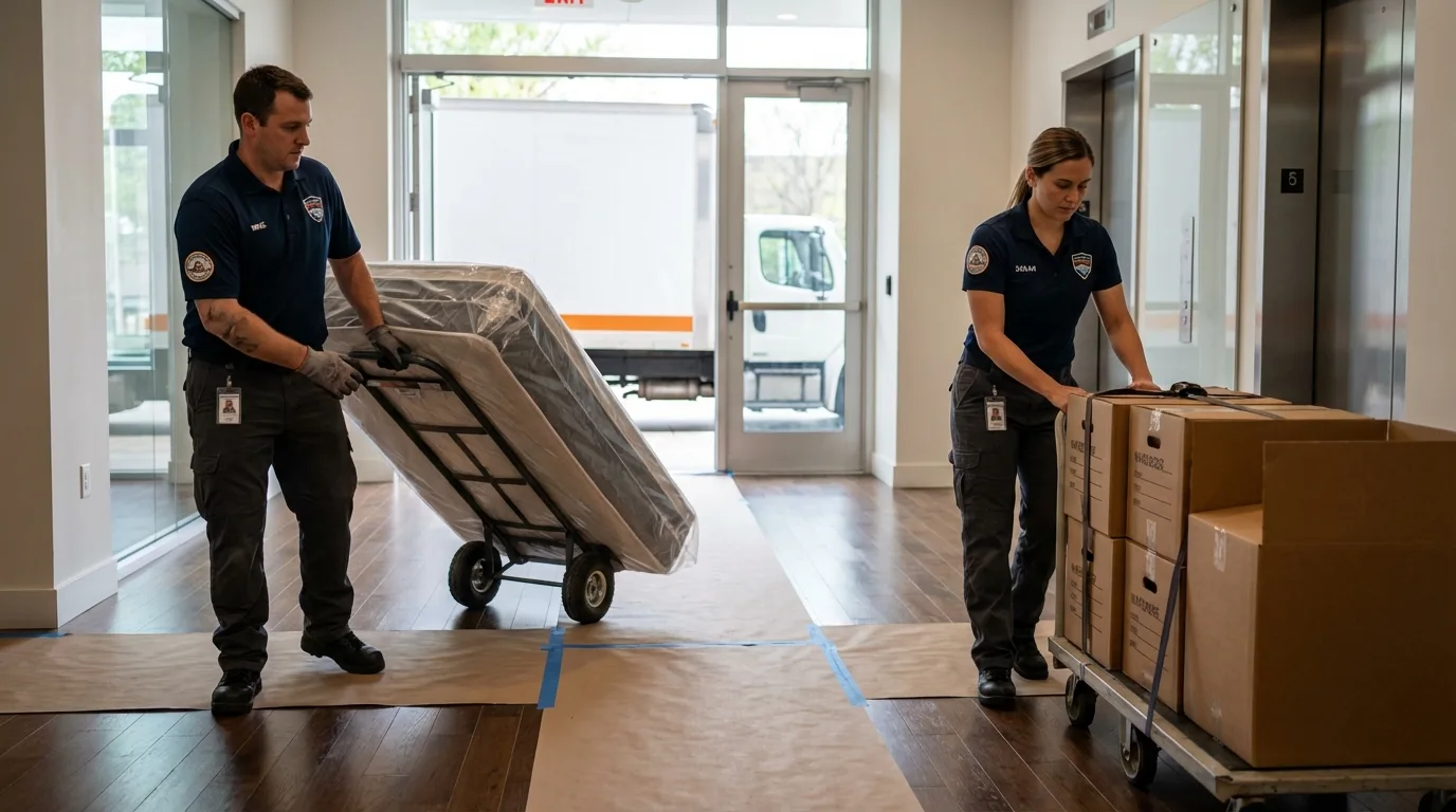 Professional apartment movers loading elevator in Bogata, TX