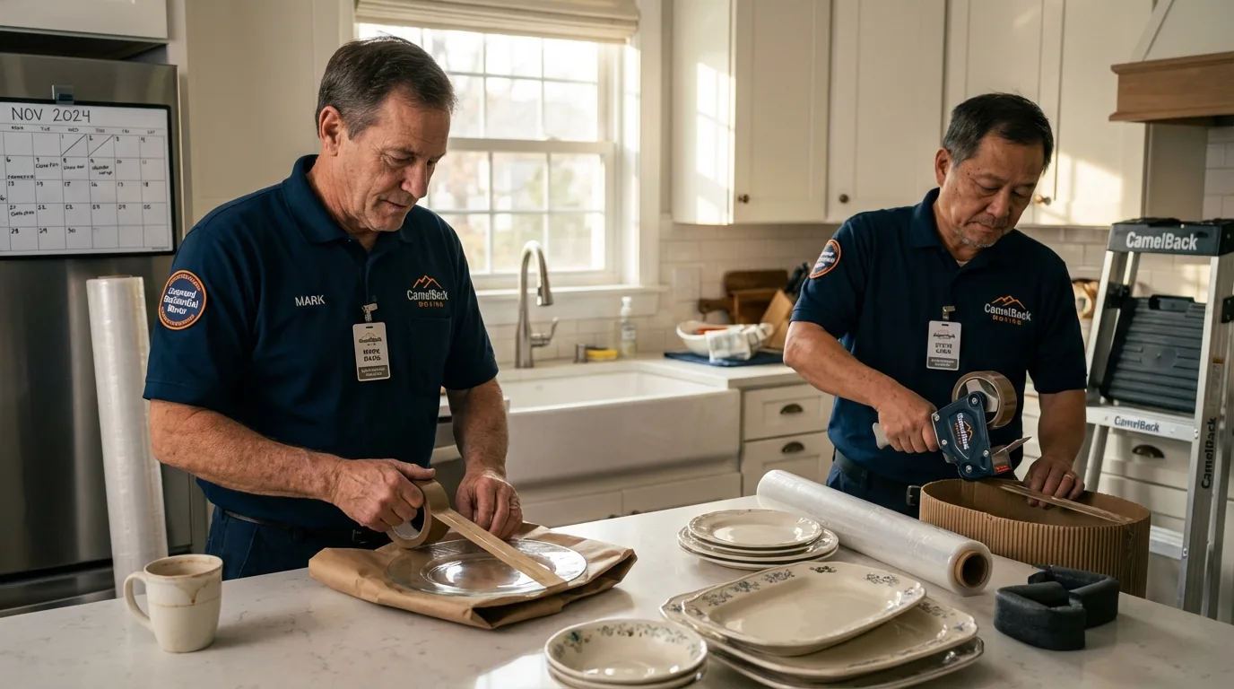 Professional crew packing kitchen dishware in Bogata, TX